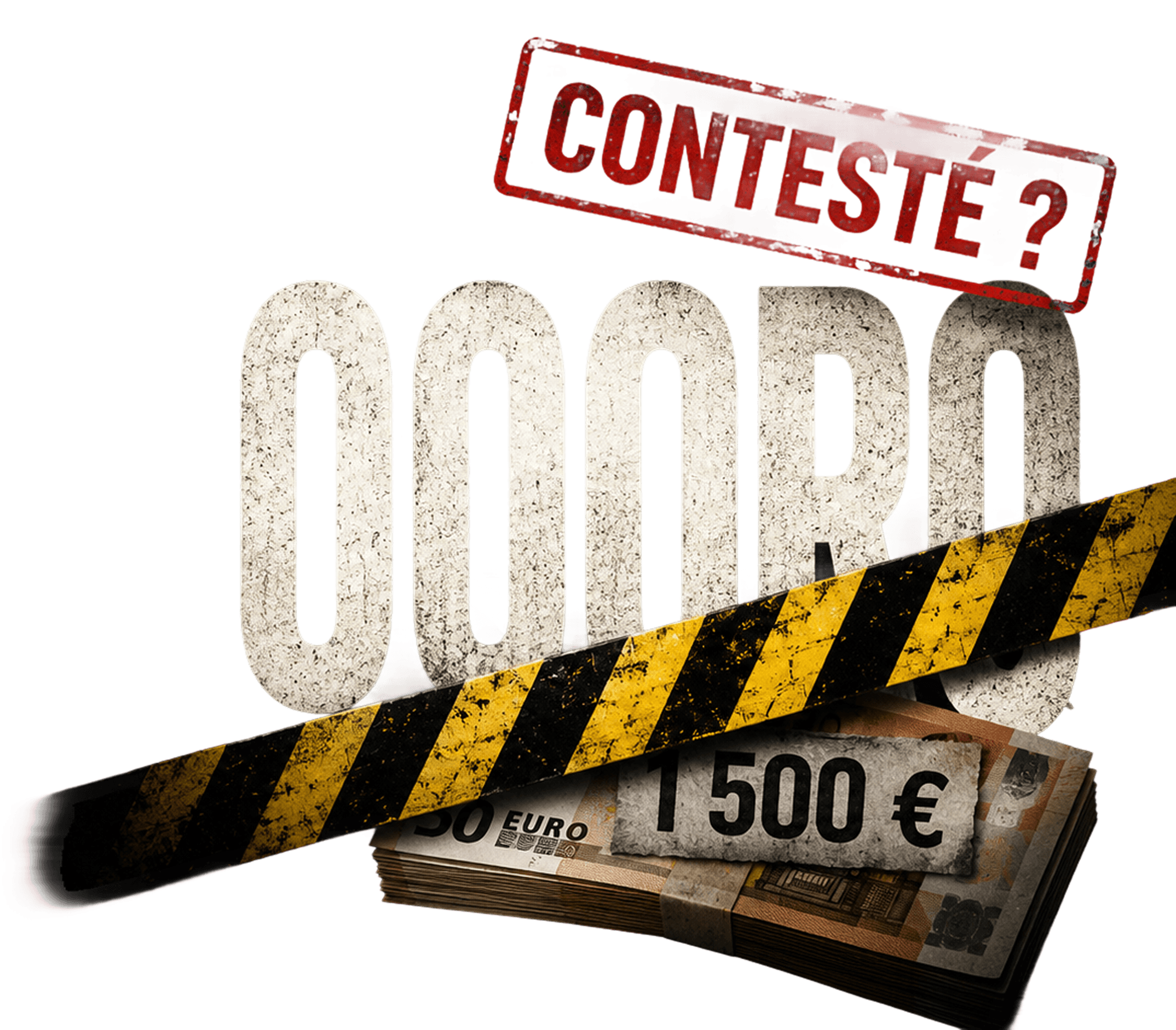 Le mot OQORO mis sous scellés par une bande de chantier, des billets « 1 500 € » coincés derrière et un tampon « Contesté ? » — illustration d’un dépôt de garantie retenu.